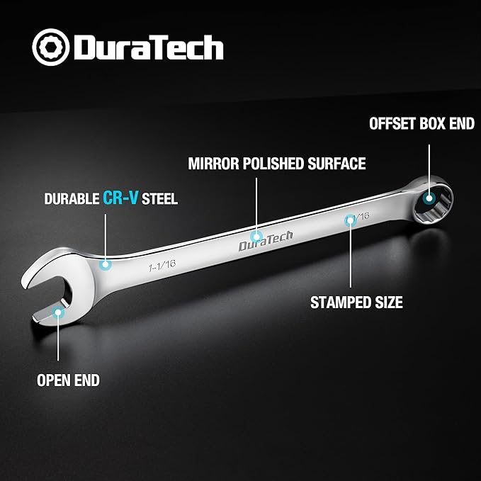 DURATECH 1-1/16" Combination Wrench, SAE, CR-V Constructed with Mirror Polish, 12-Point, 15-Degree Offset