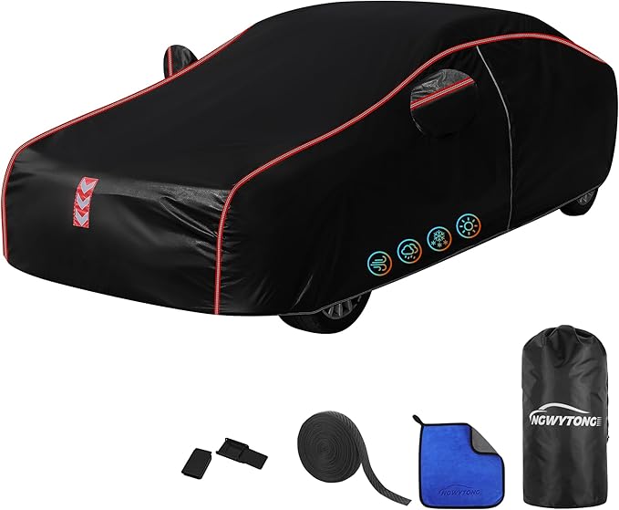 Car Cover Waterproof All Weather, All-Around Fastening 60s Quick-Install, 4 Upgrades for Sedans 178in-185in Car Cover