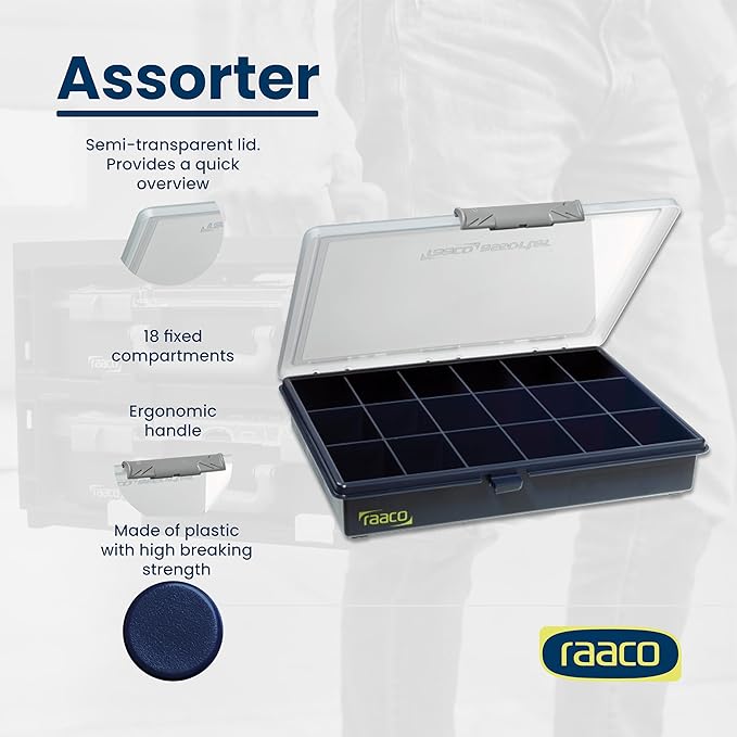 Raaco Assorter Tool Box Organizer – Medium – 18 Slots Fixed Grid with Semi-Transparent Lid, Polypropylene (PP) Storage Box for Screws, Nuts and Bolts, Small Parts & Hardware (Assorter 5-18)