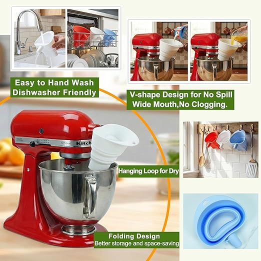Flour Funnel for Kitchen Aid Mixer with Spatula & Brush Set - Silicone Collapsible Stand Mixer Attachment Compatible with KitchenAid 4.5-5 QT Tilt-Head (KSM150), Mess Free Dishwasher Safe (Blue)