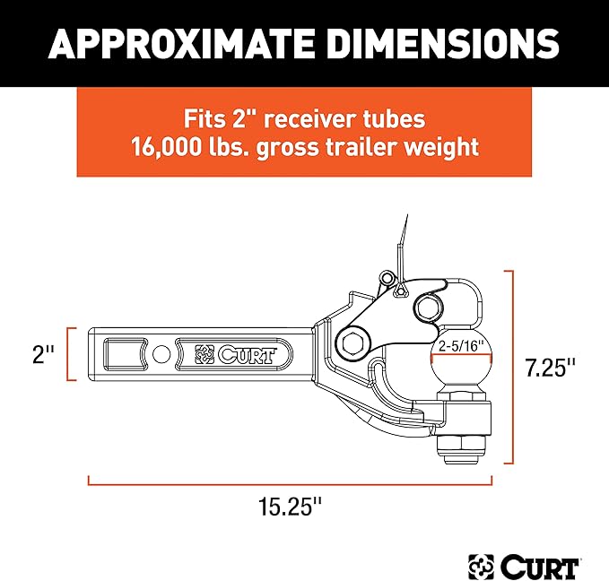 CURT 48006 Pintle Hitch with 2-5/16-Inch Trailer Ball, Fits 2-Inch Receiver, 16,000 lbs, 15-1/4-Inch Length