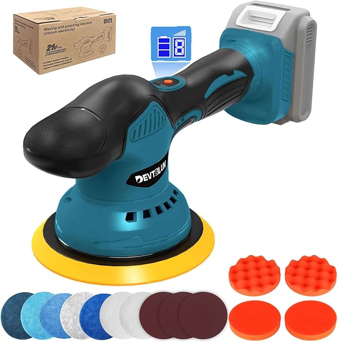 Cordless Car Buffer Polisher Kit for Makita 18V Battery(NO Battery),6 In Brushless Dual Action Random Polishing Machine , 8 Variable Speed 5500RPM, Orbital Polisher for Car Detailing,14Pcs Accessories