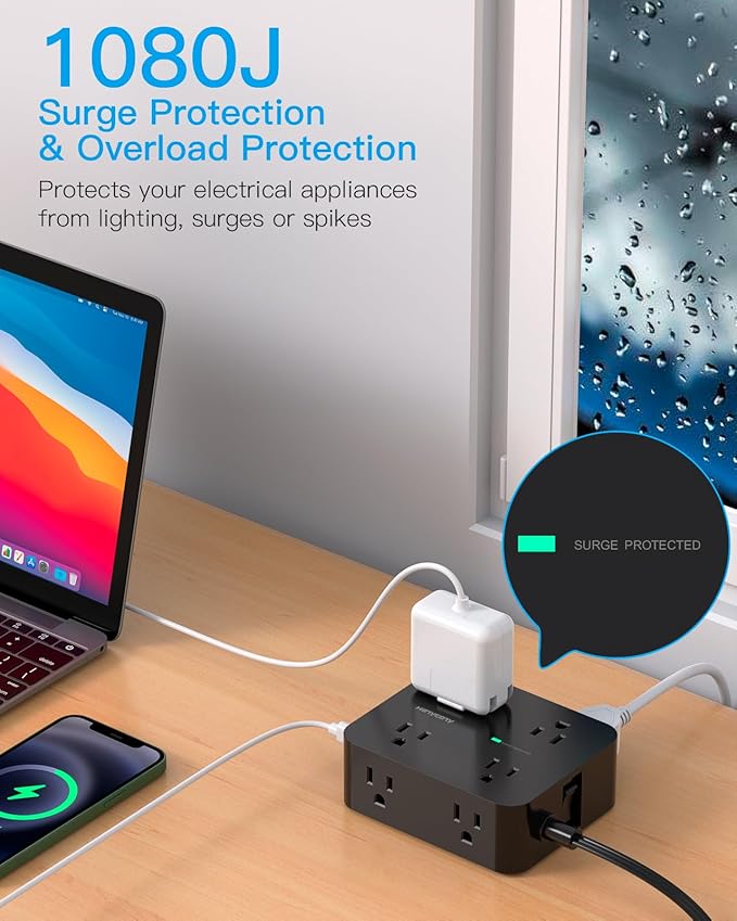 10 Ft Power Strip Long Cord, HANYCONY Extension Cord Surge Protector with Flat Plug, 8 Outlets 4 USB Charging Station(2 USB C), Wall Multiple Plug Outlet Extender for Home Office Desk
