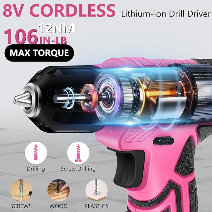 8V Cordless Drill, Electric Screwdriver for Women, Pink Drill Set with 3/8"Keyless Chuck, Built-in LED, Type-C Charge Cable, Variable Speed Trigger