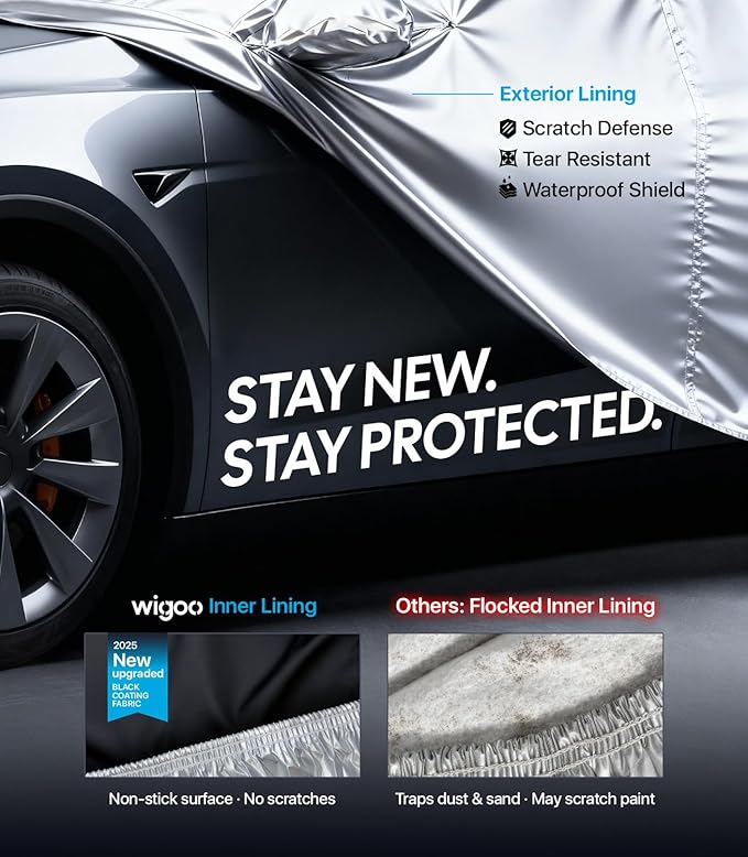 Wigoo Tesla Model 3 Car Cover Accessories (2017–2026), Custom Fit All-Weather Outdoor, Waterproof UV Sun & Heat Protection, Ventilated Design, Windproof, Smooth Paint-Safe Lining, Charging Port Zipper