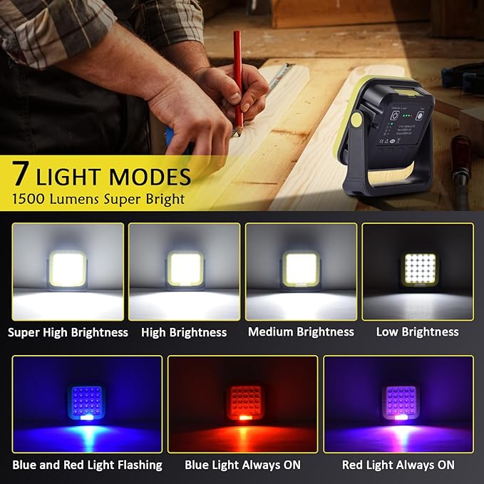 Masmejor 30W Rechargeable LED Work Light- 1500LM Portable Magnetic Lights, 7 Light Modes, 360° Rotating, IP44 Waterproof floodlight for Outdoor, Auto Repair, Emergency, Garage, Power Outages, Camping