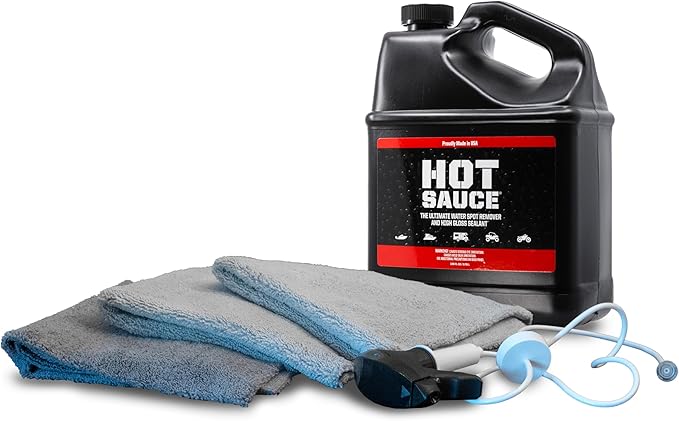 Boat Bling Hot Sauce To Go Kit, Hard Water Spot Remover, 1 Gallon with 3-Foot Sprayer and 3-Pack Microfiber Towels