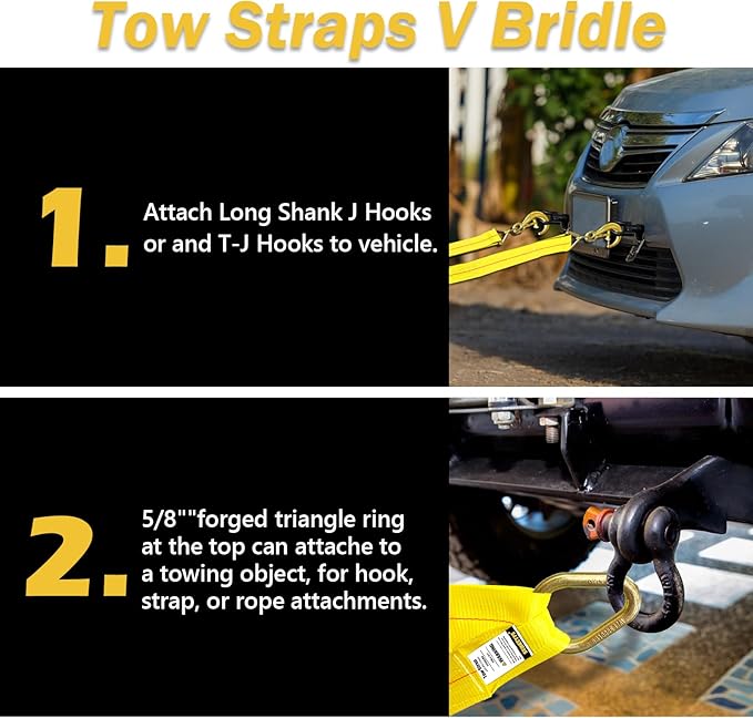 Tow Straps V Bridle, 3" x 36" Recovery V-Strap with 8" J Hooks and T-J Hooks, 5400LBS J Hook and Mini Datsun Recovery Bridle, Recovery Tow Car Strap Hook for Wrecker, Rollback, Car Haul