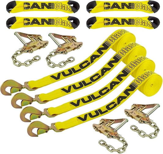 VULCAN 8-Point Roll Back Vehicle Tie Down Kit with Snap Hook on Strap Ends and Chain Tail on Ratchet Ends - Set of 4 - Classic Yellow