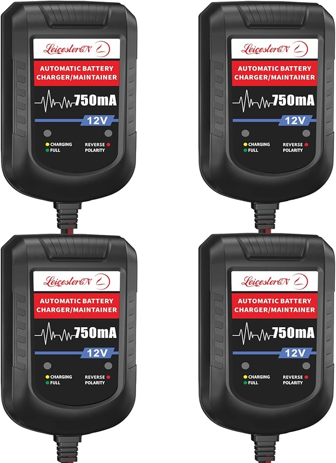[4-Pack] LEICESTERCN Automatic Trickle Battery Charger Maintainer 12V 750mA Smart Float Charger for Car Motorcycle Lawn Mower Tractor Boat SLA ATV Wet AGM Gel Cell Lead Acid Batteries