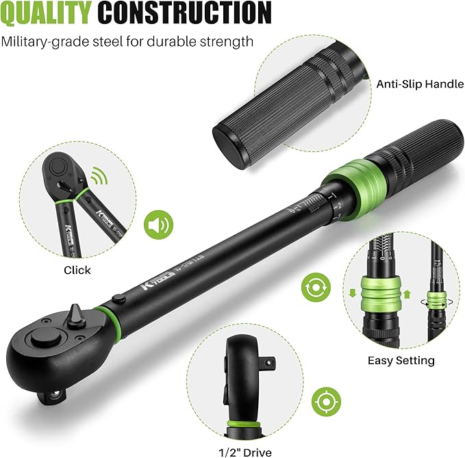 1/2-Inch Drive Click Torque Wrench - 10-170 Ft-Lb/13.6-230.5Nm, Adjustable Dual-Direction Torque Wrench with 3% Precision, 72 Tooth Head, Dual Range for Bike, Motorcycle and Car Repair
