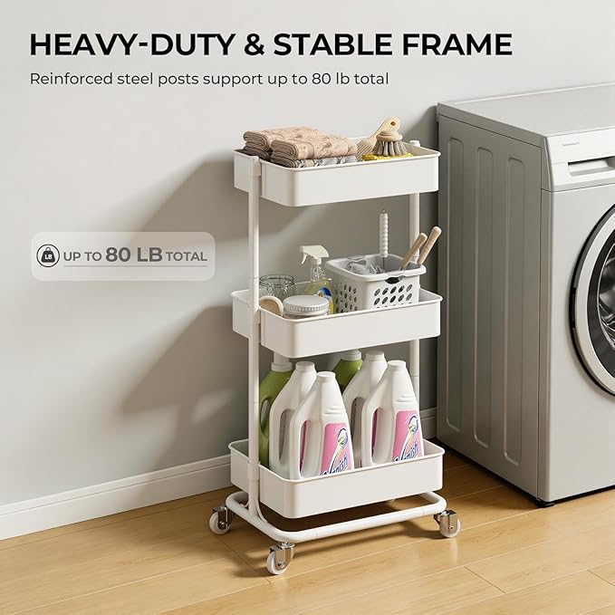 3 Tier Modern Metal Rolling Tool Cart with Silent Casters, 17.72×12.40×35.04 inch Heavy Duty Organization Truck Trolley Organizer for Office, Living Room, Kitchen, (White)
