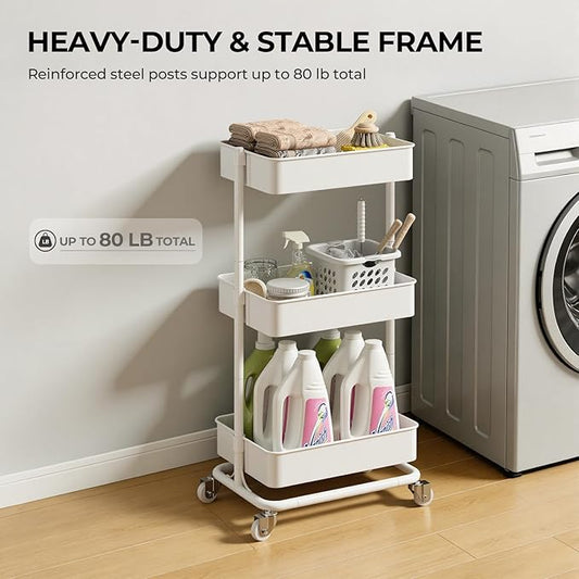 3 Tier Modern Metal Rolling Tool Cart with Silent Casters, 17.72×12.40×35.04 inch Heavy Duty Organization Truck Trolley Organizer for Office, Living Room, Kitchen, (White)
