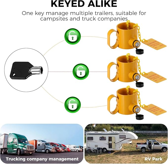 BOYISEN 5th Wheel King Pin Lock Keyed Alike, Solid Steel Anti Theft for RVs, Container Trailers and Campers with Handles Warning Tag (Keyed Alike Yellow)