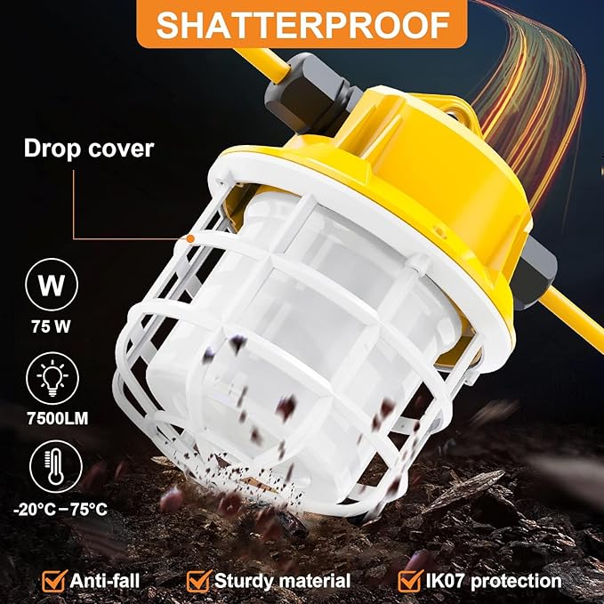 50ft LED Construction String Lights, 75W 7500LM Industrial Grade Super Bright String Work Lights for Construction Sites, Temporary Work, Renovation, Jobsite, and all outdoor lighting(50ft-5lights)