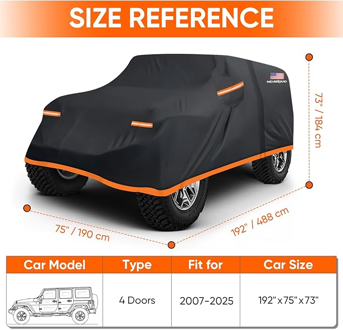 NEVERLAND Car Cover for Jeep Wrangler 4 Door Waterproof Car Covers, All Weather Protection Jeep Sun Rain Protection for Wrangler 4 Fits JK JL JLU JKU 2007-2025 Outdoor Covers (Black+Orange)