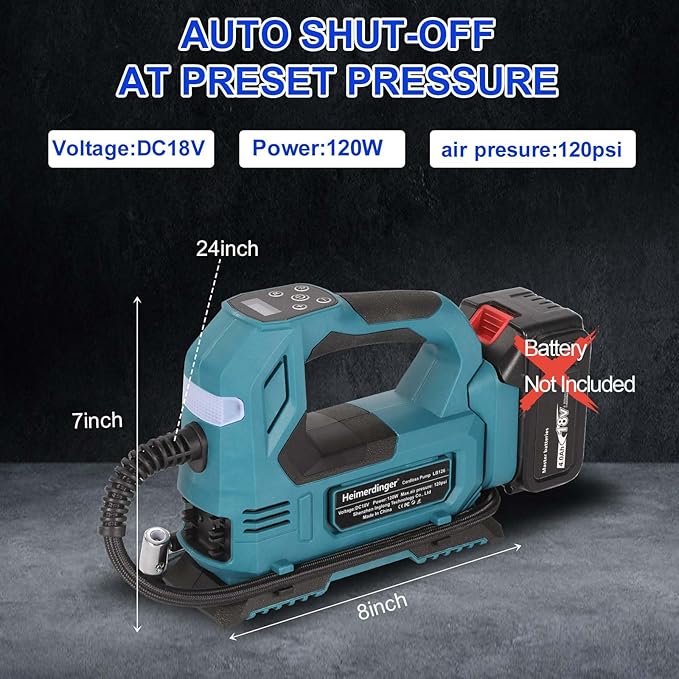 Cordless Tire Inflator Air Compressor Compatible with Makita 18V Battery, 120W Digital Air Pump, 120PSI, Dual Power Mode-Battery Not Included
