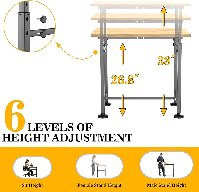 Ultrawall Workbench for Garage, 32"x18" Adjustable Height Work Table, Heavy Duty Rubber Wood Workstation for Workshop, Office, Home