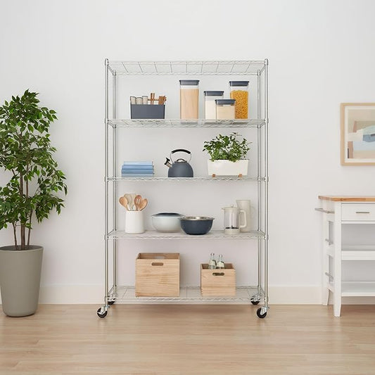5-Tier Adjustable Wire Shelving with Wheels, Wire Shelf Rack for Kitchen Organization, Garage Storage, 400 to 2000 Pound Capacity, NSF Certified, 48” x 18” x 72”, EcoStorage Chrome