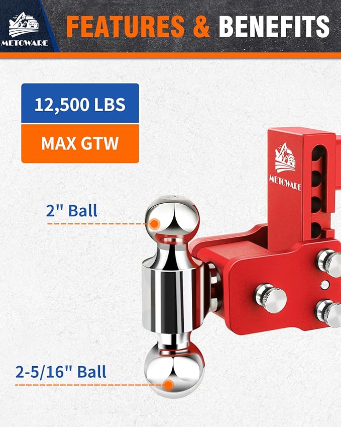 METOWARE Adjustable Trailer Hitches Fits 2 Inch Receiver, Adjustable Ball Mount with 4-Inch Drop/Rise (12,500 LBS GTW), Dual Ball (2'' x 2-5/16'') and Anti-Theft Stainless Steel Trailer Lock (Red)