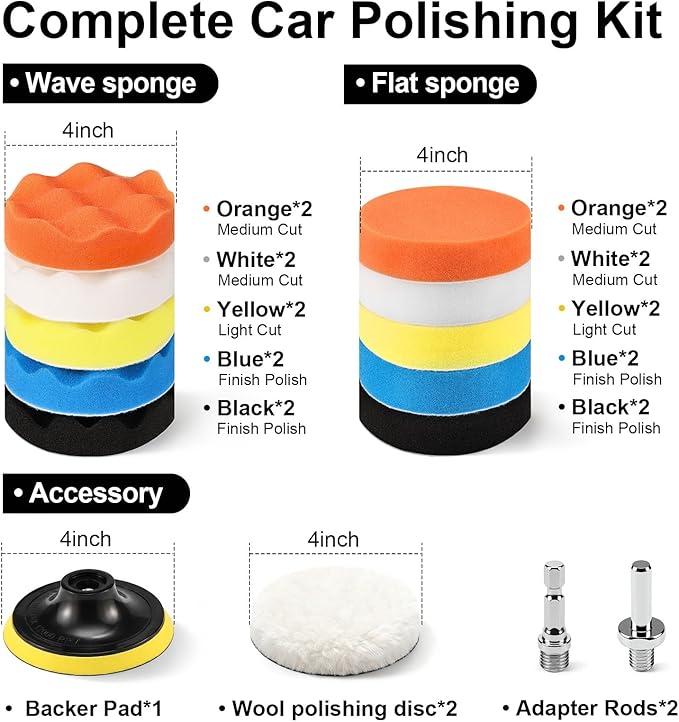 GOH DODD 33 Pieces 4 Inch Buffing Polishing Pads, Car Foam Drill Polishing Pad Kit Sponge Pads Buffer Polisher Kit Headlight Restoration Kit with Wool Pads for Car Polishing, Waxing and Cleaning