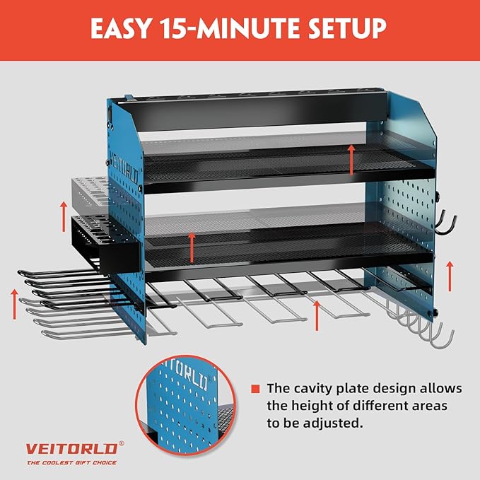 Veitorld Power Tool Organizer with Charging Station, Heavy Duty Modular Wall Mount Rack for Garage & Shed Organization, 4 Drill Holders, Fathers Day Birthday Gifts for Him Men Dad Him Husband(Blue)