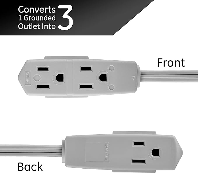 GE 3-Outlet Flat Extension Cord 8 Ft Grounded Extension Cord with Multiple Outlets 3 Prong Outlet Extender Flat Plug Indoor Power Strip 16 Gauge UL Listed Gray 43027