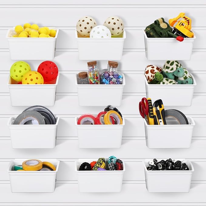 Unittype 12 Pcs Storage Bin Plastic Slatwall Bins for Slatwall Organizer Containers Garage Accessories(White)
