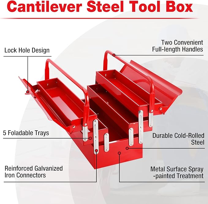 WORKPRO Metal Tool Box, 18-inch Cantilever Folding Red Storage Box, 3-Layer 5-Tray Multi-Function Tool Organizer, Red