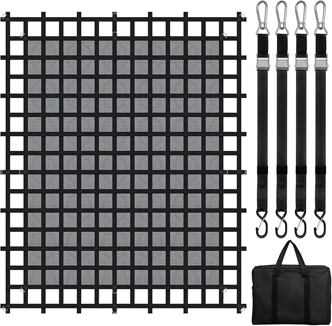 VEVOR Cargo Net with Mesh, 120 in x 105 in, Heavy Duty Truck Cargo Net-(WLL) 1,500lbs, 4 Adjustable Straps with Carabiners & S-Hooks, Truck Bed Cover for Trailer, Pickup, Boat, Jeep, SUV 8.75’x10’