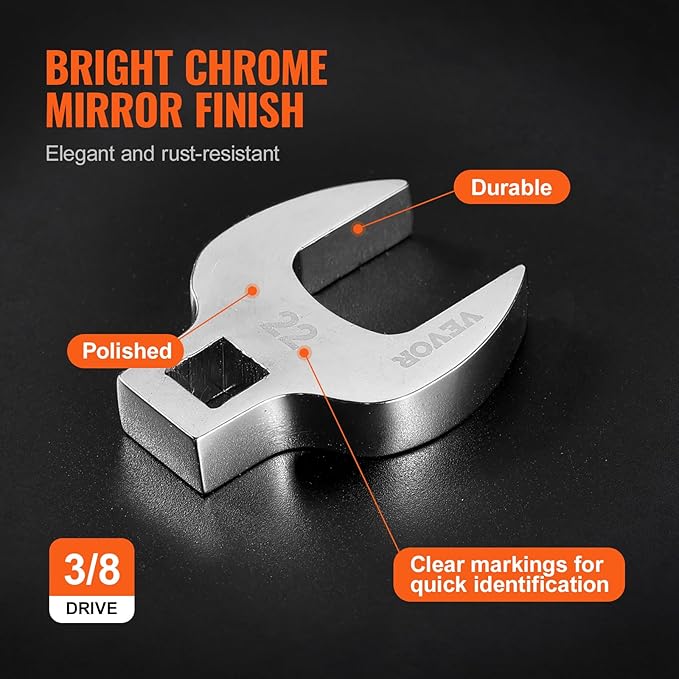 VEVOR Crowfoot Wrench Set, 3/8" Drive 20-Piece Crows Foot Wrench Set with 2 Extension Bars and EVA Tool Organizer,40CR Material with Mirror Chrome Finish, SAE 3/8"-7/8" and Metric 10-22 mm