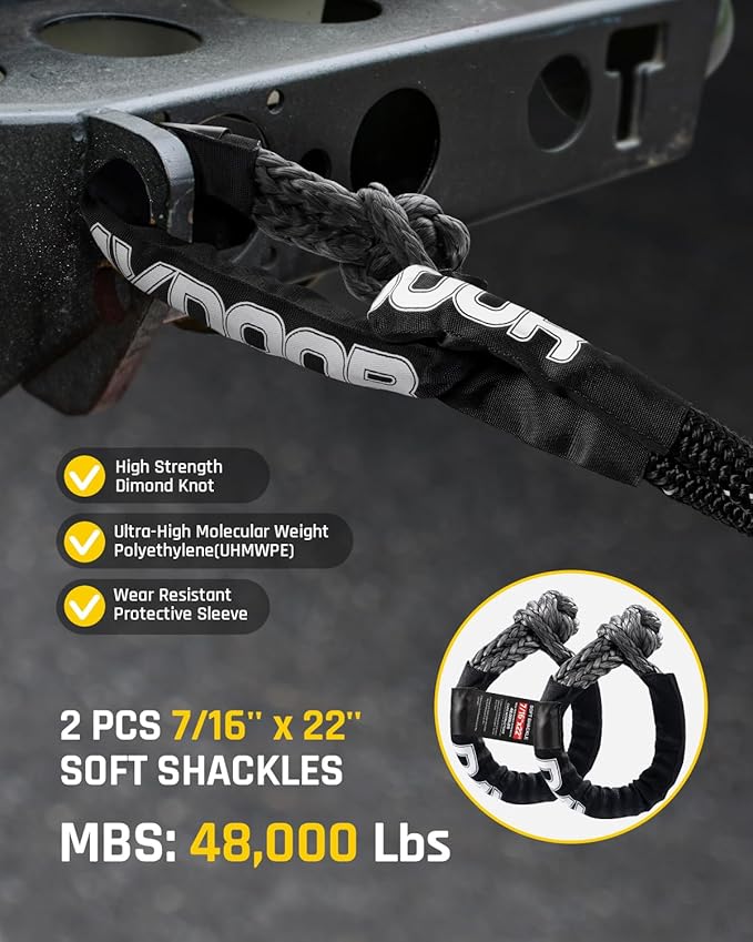 DAYDOOR Kinetic Recovery Rope Kit with 2 Soft Shackles, 1 Inch x 30ft 38,500Lbs Offroad Snatch Strap, 30% Elasticity, High-Visibility Reflective for ATV, UTV, Truck, 4x4 Offroad Vehicle (Gray)
