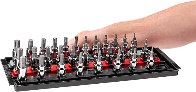 TEKTON 3/8 Inch Drive Hex and Torx Bit Socket Set with Rails and Tray, 31-Piece (1/8-3/8 in., 3-10 mm, T10 - T60) | SHB91203