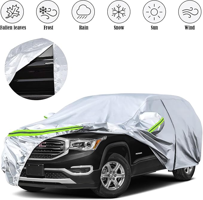 Waterproof Car Covers Replace for 2017-2025 GMC Acadia, 6 Layers Silver All Weather Custom-fit Car Cover with Zipper Door & Windproof Bands for Snow Rain Dust Hail Protection