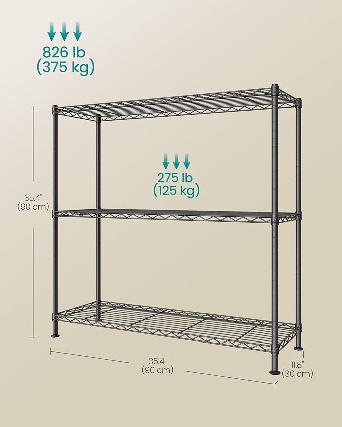 SONGMICS Storage Shelf, Metal Wire Shelving Unit, Adjustable Shelves, for Garage, Bedroom, Living Room, Kitchen, Pantry, 3 Tier, 11.8 x 35.4 x 35.4 Inches, Ink Black ULGR193BH01S