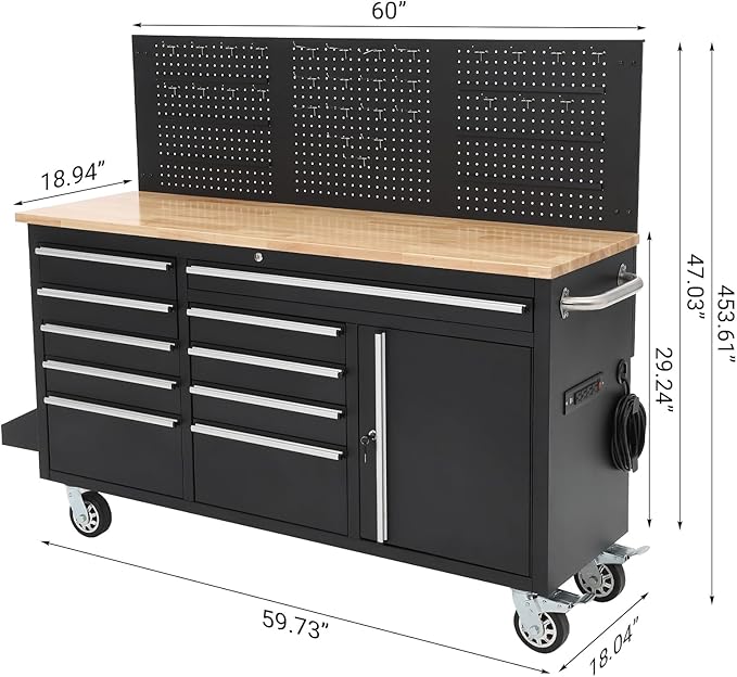 Rolling Tool Chest, 61 in Garage 10 Drawers Workbench Storage Tool Cabinet with Solid Rubber Wood Top, Power Strip, 1675 LBS Load Mobile Workstation, Heavy Duty Rolling Cabinet, Black