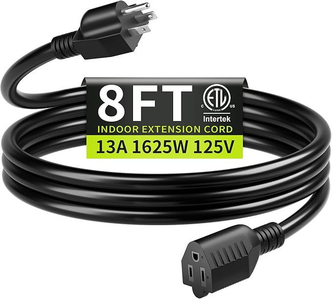 16/3 Black Extension Cord 8 FT, Indoor Extension Cord for Laptops, Coffee Makers, Office Home Appliances, 3 Prong Resistant Cable Flexible, 13A 125V 1625W ETL Listed