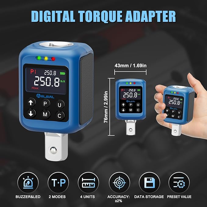 Digital Torque Adapter 1/2", 3.7-250.8 Ft-lb/5-340 Nm, Digital Torque Wrench Converter with ±2% Accuracy, Buzzer and LED Indicator, 2 Modes, 4 Units, 3/8'' & 1/4'' Adapters for Car, Moto