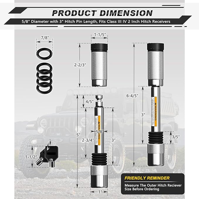 AUTMATCH Trailer Hitch Lock 5/8" - 3" Extra Long Span & Anti-Theft Hitch Locking Pin, Fits Class III IV 2" Receivers, Heavy Duty Towing Lock Pin for Jeep, Trailer, Truck, RV, Bike Rack, Boat, Silver