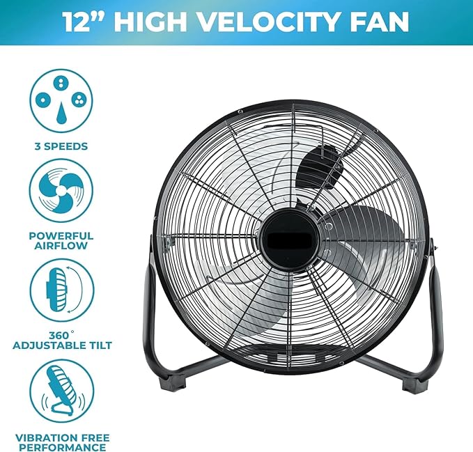 EZ-CHILL 12” Cradle Floor Fan, 3 Speed, High Velocity, 180 Degree Adjustable Tilt, All-Metal, Carry Handle, Rubber Feet, Airflow 15.42 ft/sec, Ideal for Home, Bedroom & Office, Black
