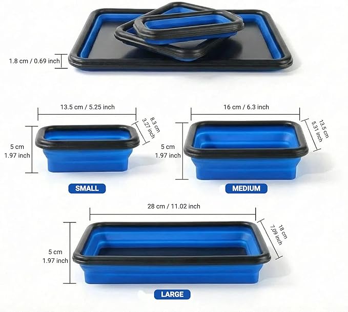 Collapsible Magnetic Parts Tray Set of 3 Different Size, Foldable Silicone Tool Trays for Screws, Bolts, Nuts and Other Small Metal Parts (Blue)