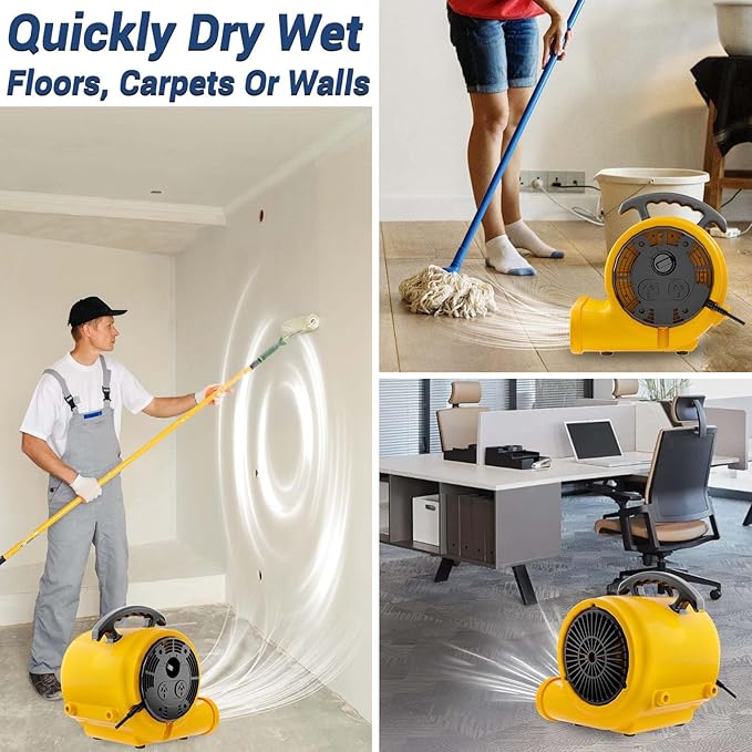 Air Mover Blower Fan, Industrial 1/3HP 1200CFM Monster Floor Blower Carpet Dryers - 3 Speeds Switch, 4 Adjustable Angles, 10FT Long Cord, Stackable - 2025 Upgraded