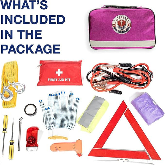 Roadside Car Emergency Kit - First Aid Set, Jumper Cables, Tow Strap, LED Flash Light, Rain Coat, Tire Pressure Gauge, Safety Vest and More (Pink)