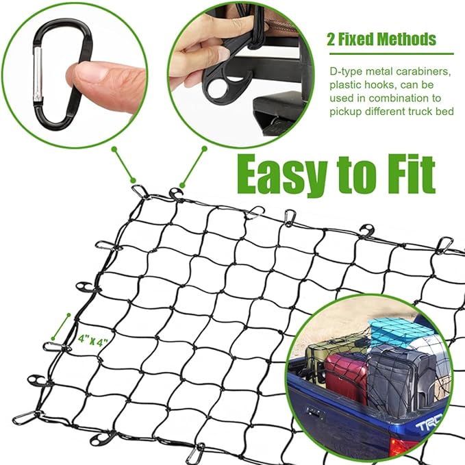 WSSROGY 3' x 4' Cargo Net Stretches to 6' x 8', Heavy Duty Cargo Netting for Pickup Truck Bed, Roof Rack Net with Hooks Carabiners