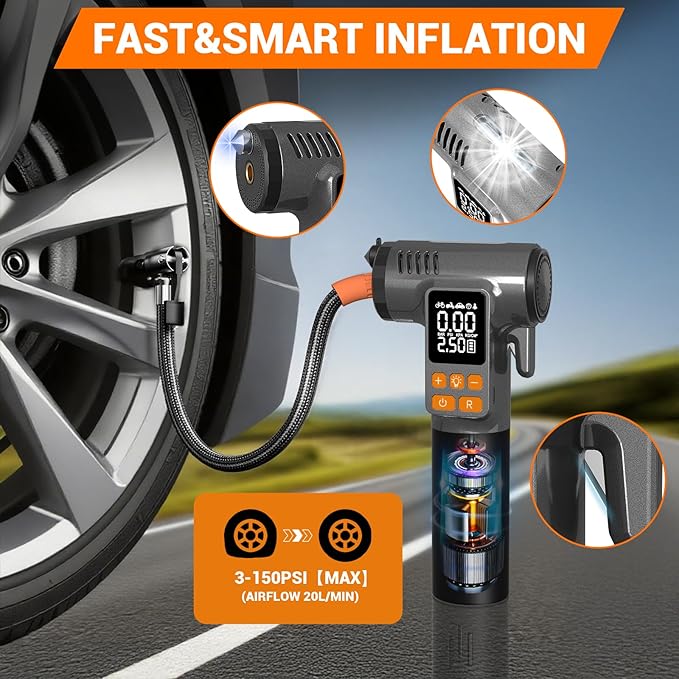 Gardon Tire Inflator Portable Air Compressor - 8 in 1 Air Pump, Window Breaker, Seatbelt Cutter, Ball Pump, Bike Pump, Digital Tire Pressure Gauge, SOS, Flashlight, Tech Gadgets Car Accessories