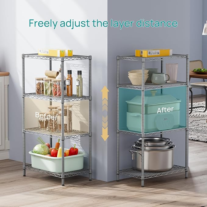 SINGAYE 4 Shelves Adjustable Storage Shelf Wire Shelving Rack Bathroom Standing Units Laundry Room Organization for Kitchen Office Bathroom Organizers Metal Pantry 14" D x 24" W x 48" H Gray