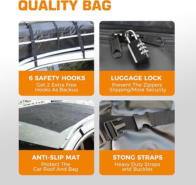 Car Rooftop Cargo Carrier Bag, Waterproof 20 Cubic Feet Car Roof Luggage Carrier for All Vechicles with/Without Racks, Includes Anti-Slip Mat, 8 Reinforced Straps, 6 Door Hooks, Luggage Locks (Black)