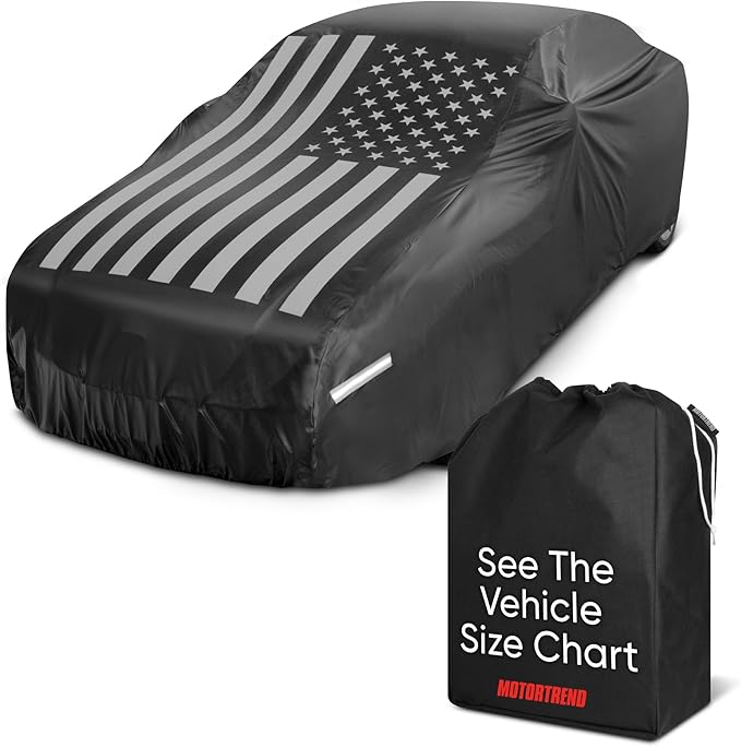 Motor Trend Black USA Flag Waterproof Car Cover - All Weather Outdoor Protection, UV Resistant, Windproof, Scratchproof - Semi-Universal Fit Sedan Full Car Cover for Sun Rain Snow (171”- 190” Length)