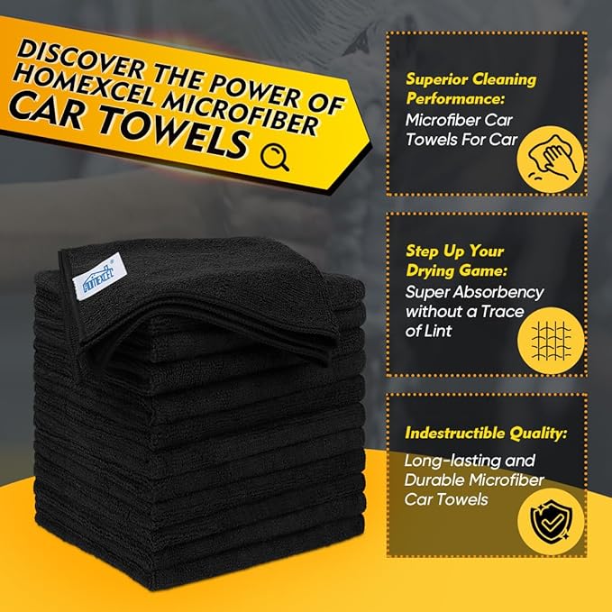 HOMEXCEL Black Microfiber Cleaning Cloth 12 Pack, 12.5 x 12.5 inch Microfiber Towels for Cars, Ultra Absorbent Car Washing Cloth, Lint Free Streak Free Cleaning Rags for Car, Kitchen, and Window
