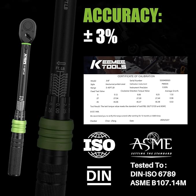 3/8-Inch Drive Click Torque Wrench - 5-45 Ft-Lb/6.8-61Nm, Adjustable Dual-Direction Torque Wrench with 3% Precision, 72 Tooth Head, Dual Range for Bike, Motorcycle and Car Repair